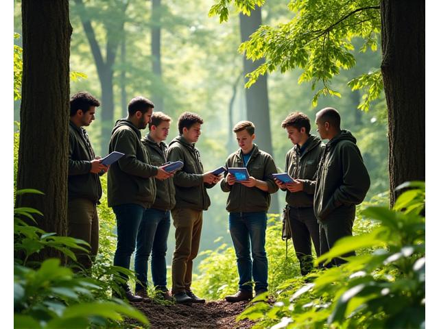 Équipe de Racine Savante travaillant dans une forêt verdoyante avec des tablettes et des capteurs, symbolisant l'innovation en foresterie.