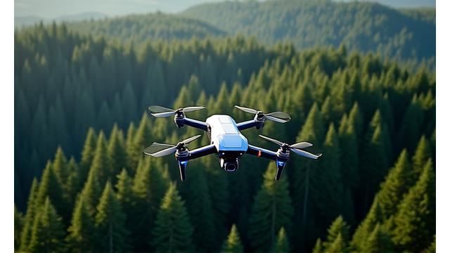 Drone survolant une forêt avec des superpositions de données analytiques
