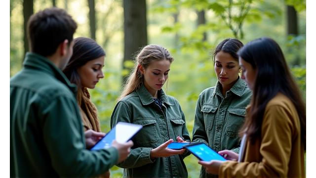 Scène d'apprentissage en forêt avec des éléments d'IA